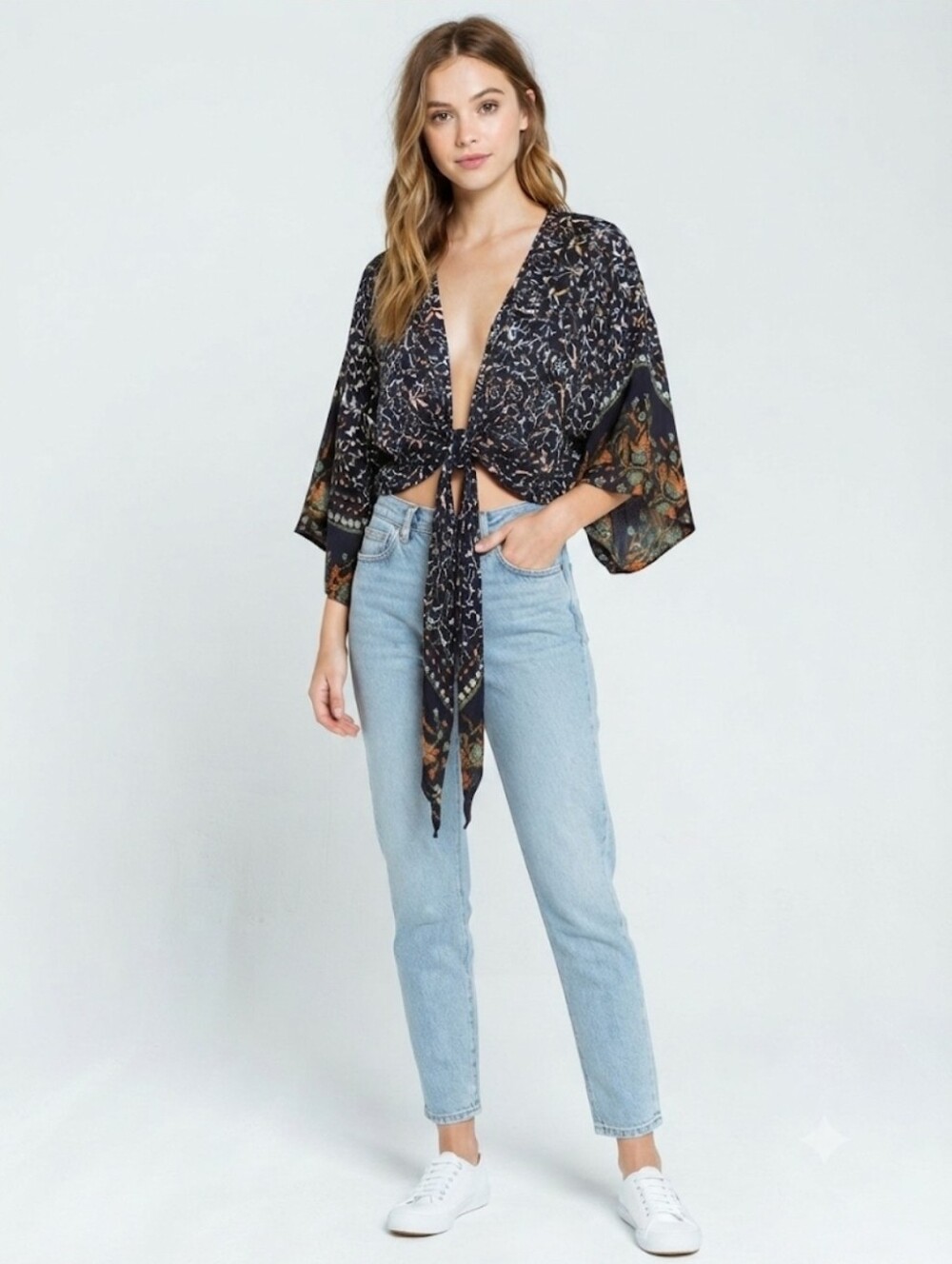 NWT Patrons of Peace Black Floral Tie-Front Crop Top Size L